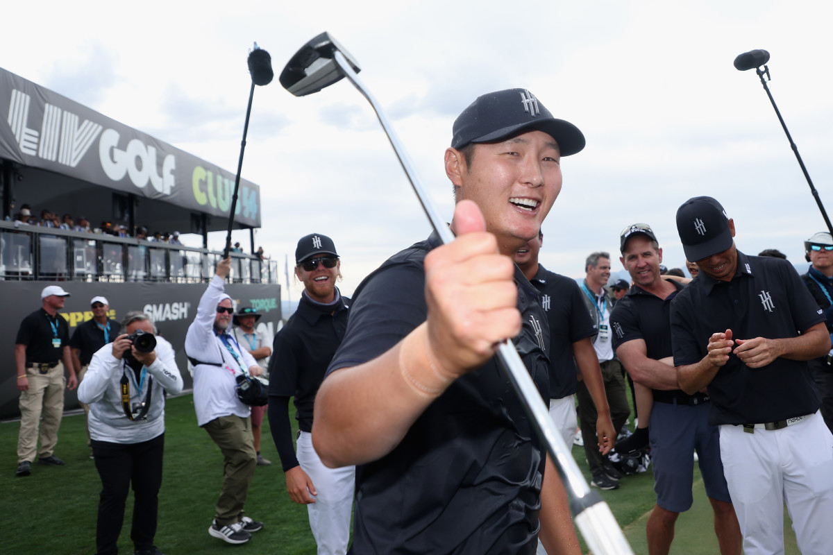 Overall individual winner; Danny Lee of Iron Heads GC celebrates winning the LIV Golf Invitational.